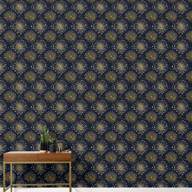 Papier Peint Feuille d'or stylisée, fleurs sur bleu minuit (Couloir)