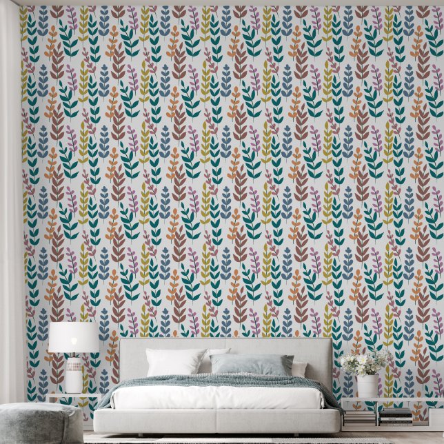 Papier Peint Feuilles botaniques gris jaune bleu orange rose (Chambre à coucher)