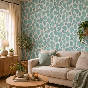 Papier Peint Feuilles de Basilic Blanc Turquoise Motif de Feuil