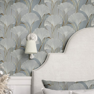 Papier Peint Feuilles de Ginkgo Art Déco sur fond bleu