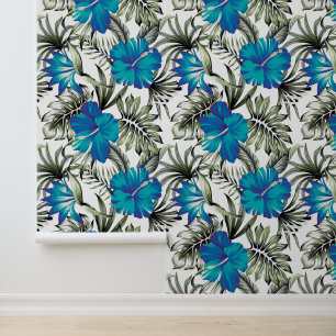 Papier Peint Feuilles de palmier Fleur d'Hibiscus Bleu Hawaïen