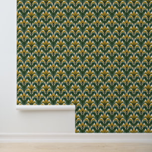 Papier Peint Feuilles et fleurs tropicaux vert et or