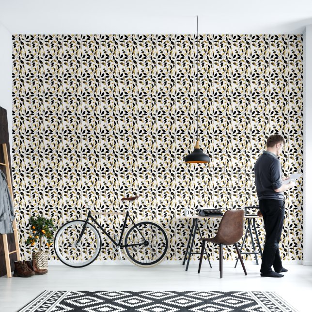 Papier Peint Feuilles noires et tans (Salon)
