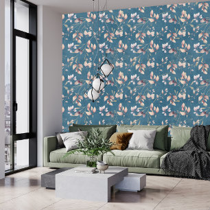 Papier Peint Feuilles Stylés En Pierre Rose Et Or Sur Bleu