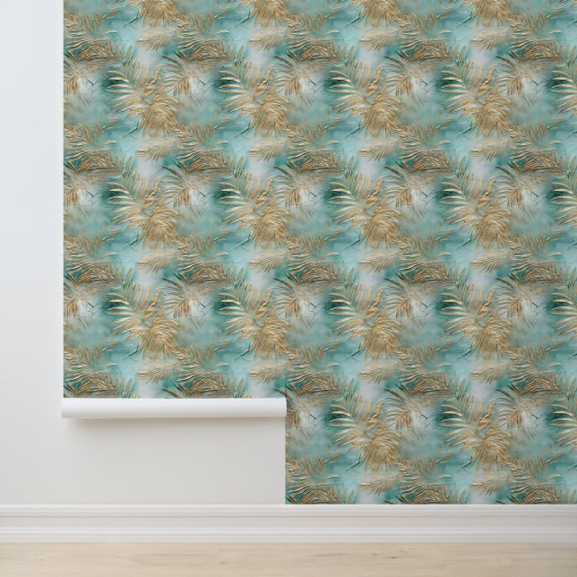 Papier Peint Feuilles Tropical Aqua Gold (Application)