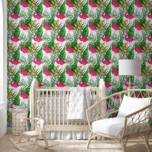 Papier Peint Feuilles tropicaux, Fleurs, Motif Flamants roses r
