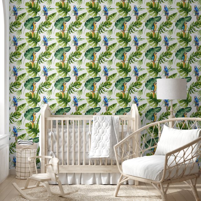 Papier Peint Feuilles tropicaux verts gras avec perroquets colo (Enfants)
