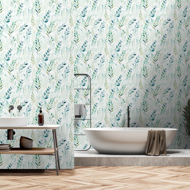 Papier Peint Feuilles verts blancs (Salle de bain)