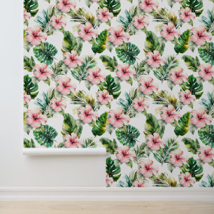 Papier Peint Feuilles verts tropicaux Fleurs d'Hibiscus roses