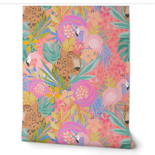 Papier Peint Flamant rose Maximaliste Tropical Hot Rose Cheetah