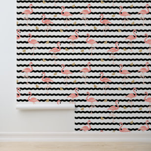 Papier Peint Flamants roses chic lignes ondulées et coeurs doré