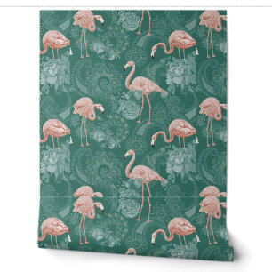 Papier Peint Flamants roses mignons Fleurs Plantes tropicales B