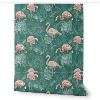Papier Peint Flamants roses mignons Fleurs Plantes tropicales B