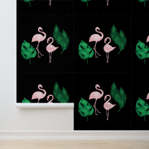 Papier Peint Flamants roses roses et Feuilles de palme en noir