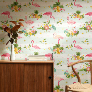 Papier Peint Flamants roses tropicaux & motif rayé de plantes