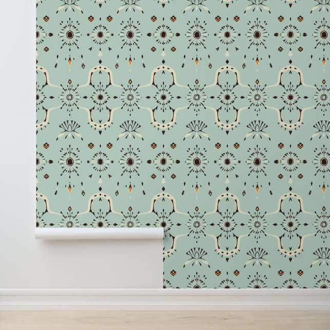 Papier Peint Fleur Art Déco : Motif Floral géométrique Mint (Application)