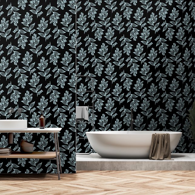 Papier Peint Fleur blanche Motif Botanique Fleur noire (Salle de bain)