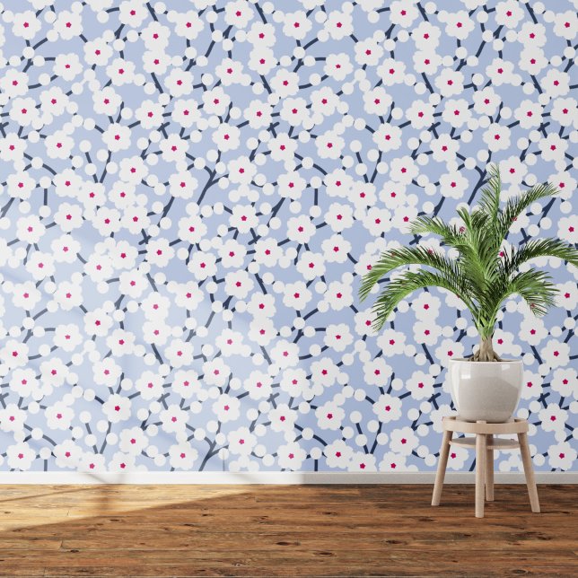 Papier Peint Fleur de cerisier blanc sur bleu (White on blue cherry blossom art wallpaper)