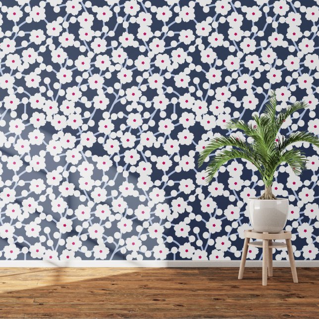 Papier Peint Fleur de cerisier blanc sur Indigo Blue (White on navy blue cherry blossom art wallpaper)