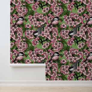 Papier Peint Fleur de cerisiers et poulets verts