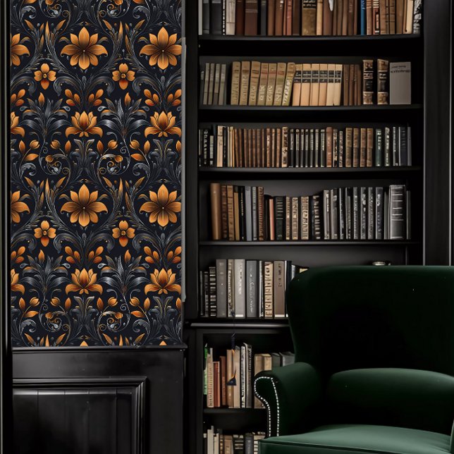 Papier Peint Fleur décorative orange et gris de l'Academia fonc (Dark Academia Orange and Gray Decorative Fleur Wallpaper in a library.)