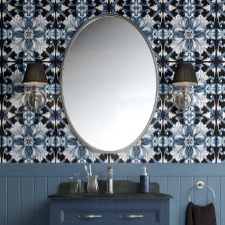 Papier Peint Fleur Regal Froid Bleu Blanc Noir Traditionnel