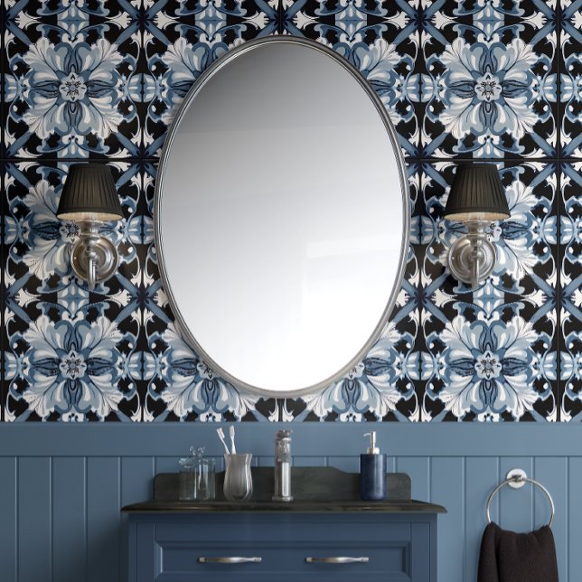 Papier Peint Fleur Regal Froid Bleu Blanc Noir Traditionnel (Royal Frost Peel and Stick Wallpaper )