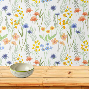 Papier Peint Fleur sauvage aquarelle orange jaune bleu