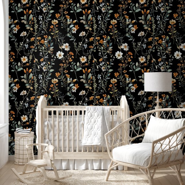 Papier Peint Fleur sauvage boho de couleur noire (Enfants)