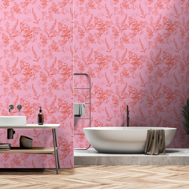 Papier Peint Fleur sauvage botanique rose et orange (Salle de bain)