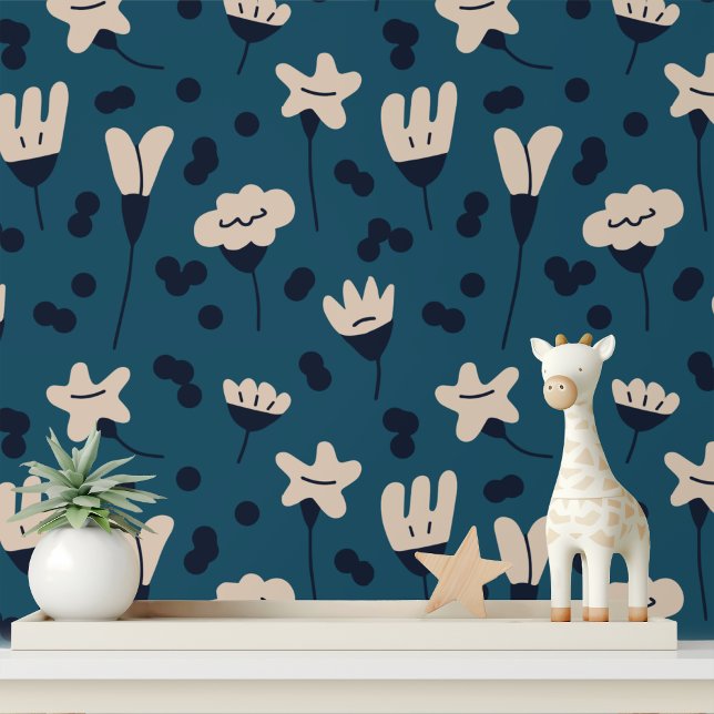 Papier Peint Fleurs Abstraites botaniques simples Motif bleu (Créateur téléchargé)