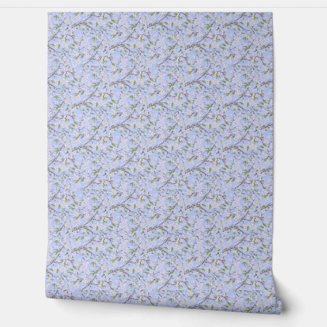 Papier Peint Fleurs blanches en bleu (Déroulement)