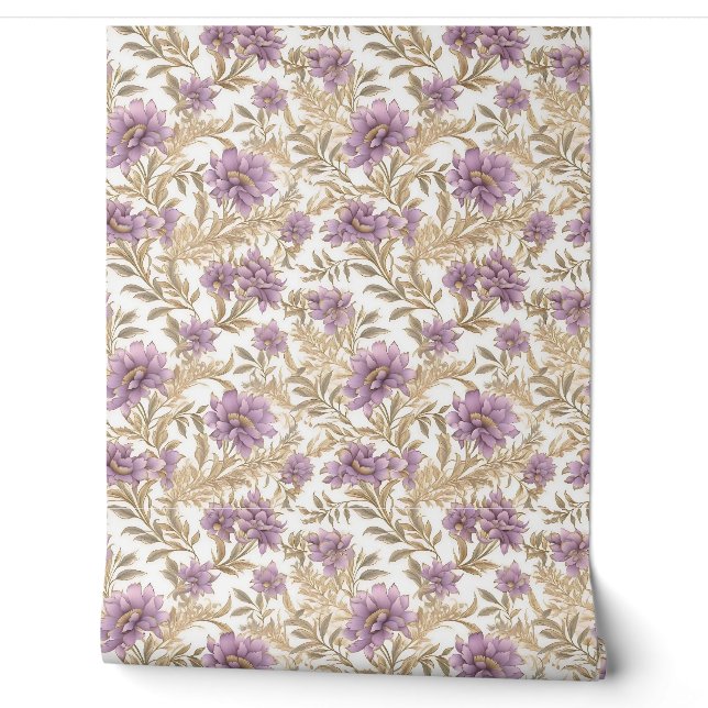 Papier Peint Fleurs chic pastel violet et faux or (Déroulement)