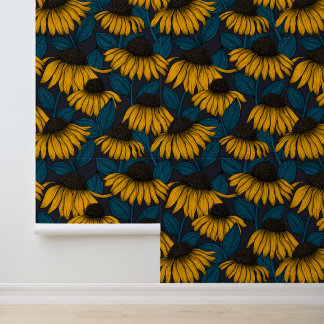 Papier Peint Fleurs coniques jaunes sur fond bleu foncé