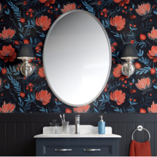 Papier Peint Fleurs de baies de minuit - Noir, Rouge et Bleu