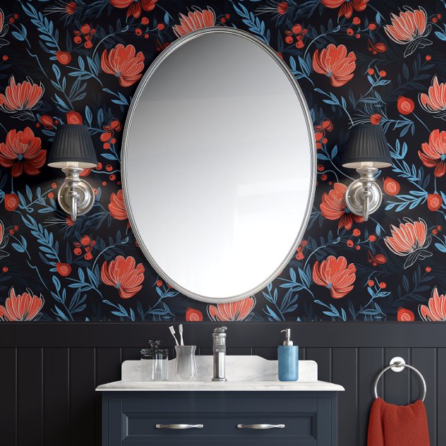 Papier Peint Fleurs de baies de minuit - Noir, Rouge et Bleu (Midnight Berry Blooms - Black, Red, and Blue - Eclectic Peel and Stick Wallpaper)