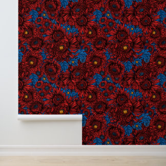 Papier Peint Fleurs de chrysanthème rouges et coléoptères orang