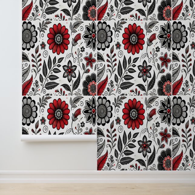 Papier Peint Fleurs de gribouillis et feuilles en rouge et noir (Application)