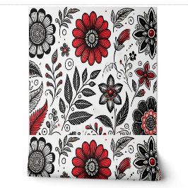 Papier Peint Fleurs de gribouillis et feuilles en rouge et noir