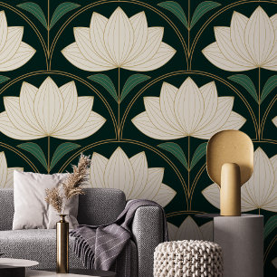 Papier Peint Fleurs de lotus Art Déco sur motif d'éventails dor