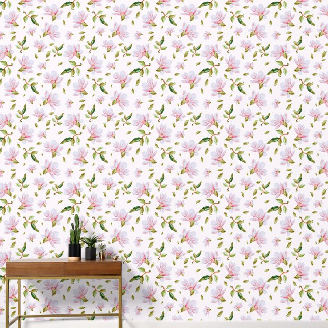 Papier Peint Fleurs de Magnolia rose Aquarelle (Couloir)