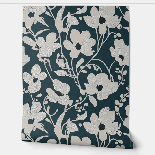 Papier Peint Fleurs de minuit : bleu paon (Déroulement)