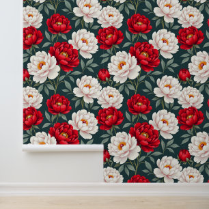 Papier Peint Fleurs de pivoine rouges et blanches 