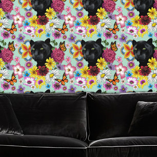 Papier Peint Fleurs de Portrait Jaguar Noir