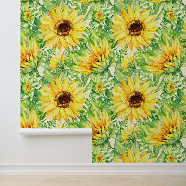 Papier Peint Fleurs de soleil Grand floral sur crème (Application)