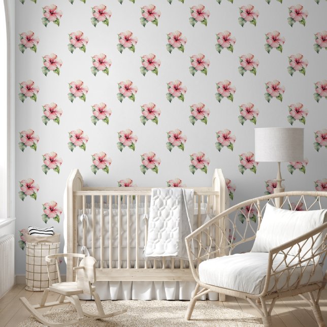 Papier Peint Fleurs d'Hibiscus rose pâle tropicale (Enfants)