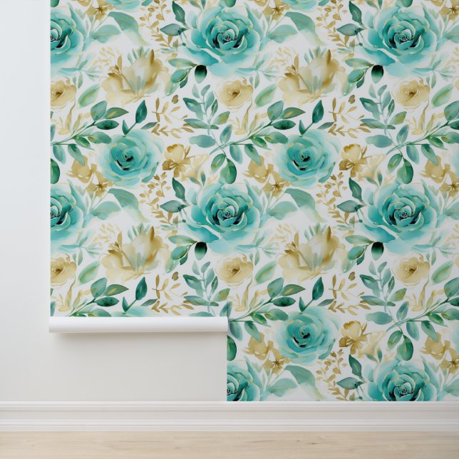 Papier Peint Fleurs d'or Chic Blanc Mint Green (Application)
