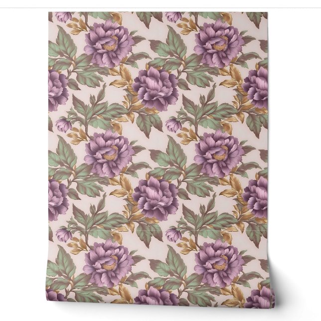 Papier Peint Fleurs d'or faux violet clair sauge feuilles (Déroulement)