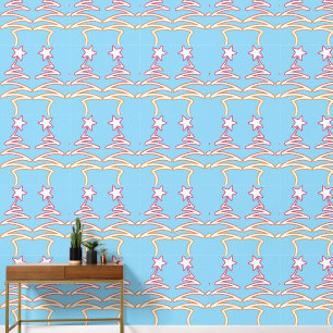 Papier Peint Fleurs et Étoiles Zig Zag Bleu Bébé