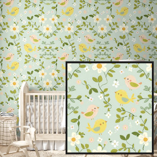 Papier Peint Fleurs et oiseaux doux au printemps sur Vert doux